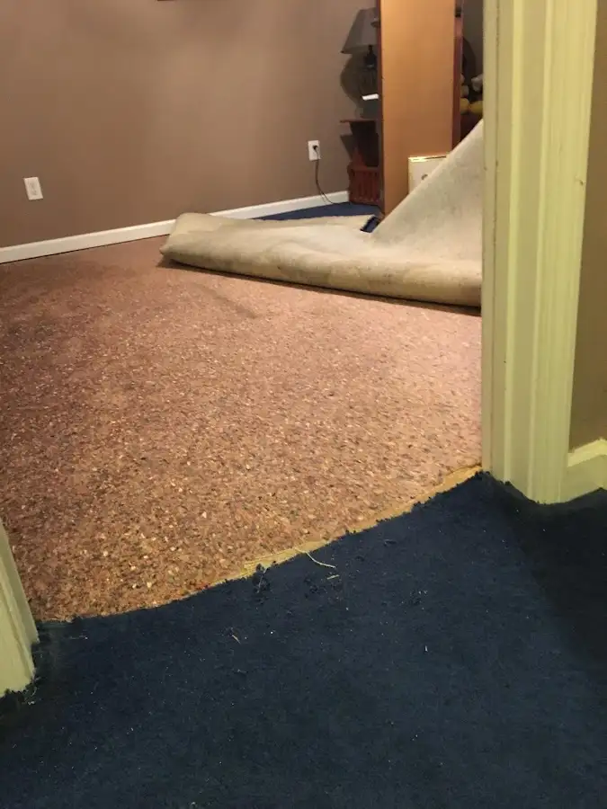 Carpet pad removal revealing water damage during Drying & Dehumidification in View Park-Windsor Hills